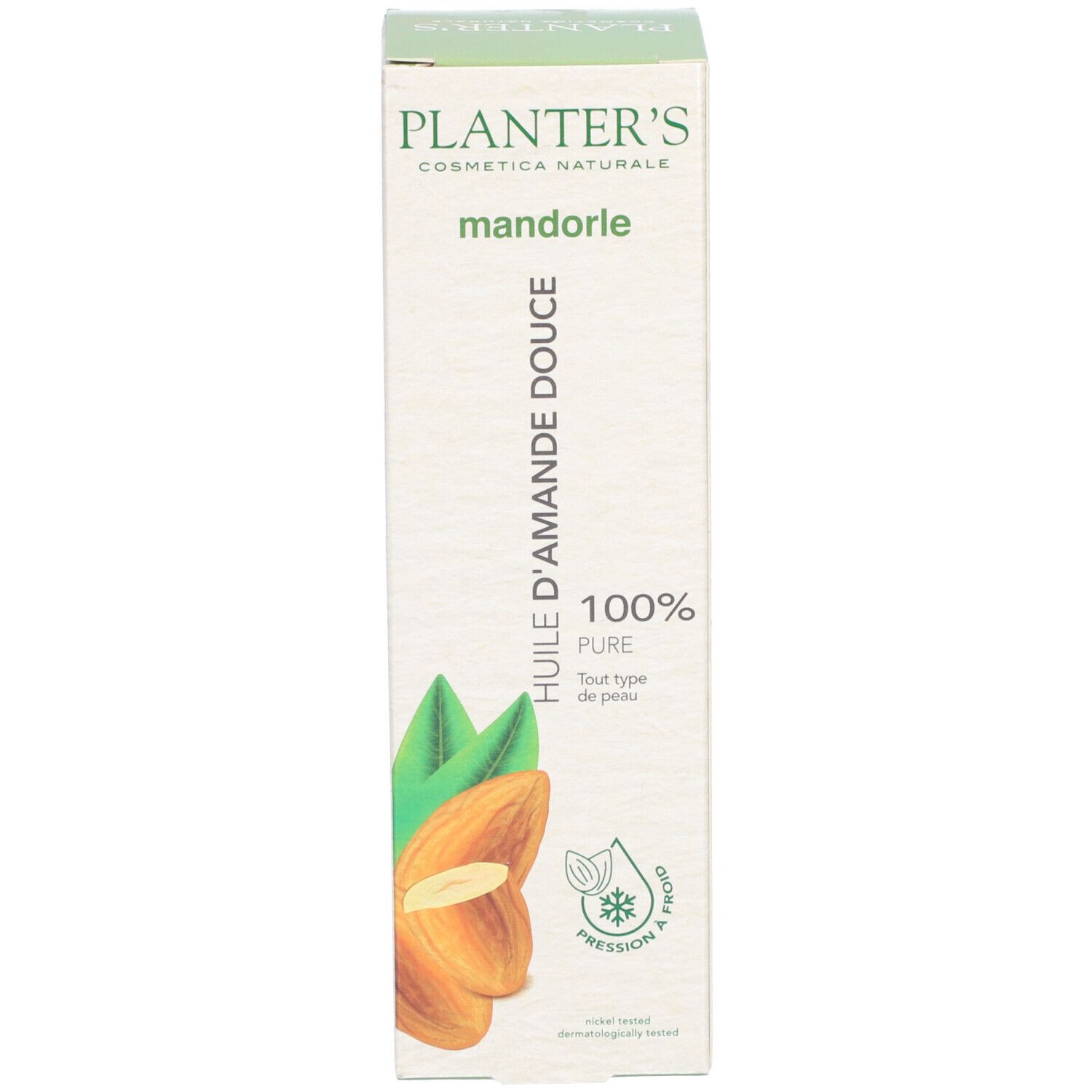 Emballage avec inscription: Planter's, Huile d'Amande Douce, 100% Pure. Illustration d'amandes et de feuilles.