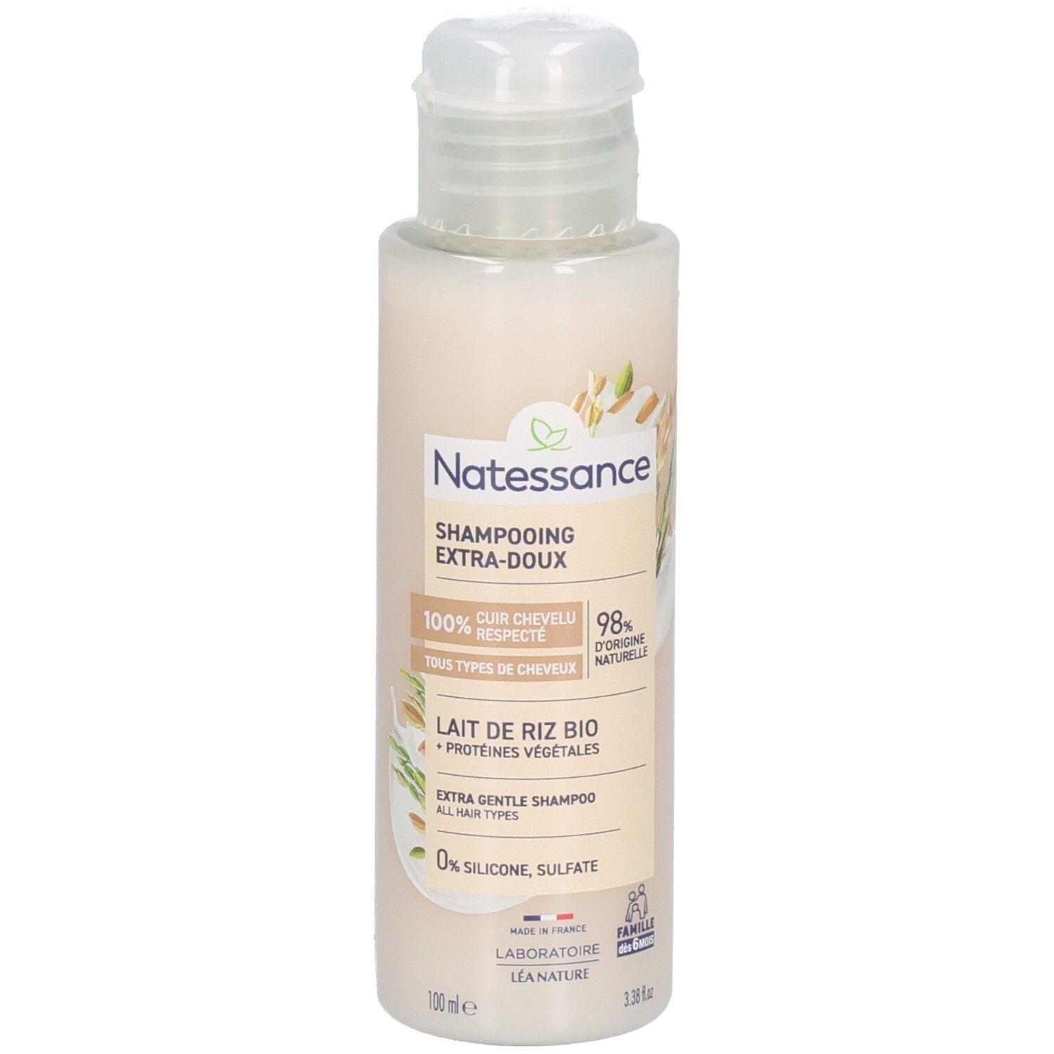 Natessance Shampoo Extra Doux : flacon contenant lait de riz et protéines végétales.