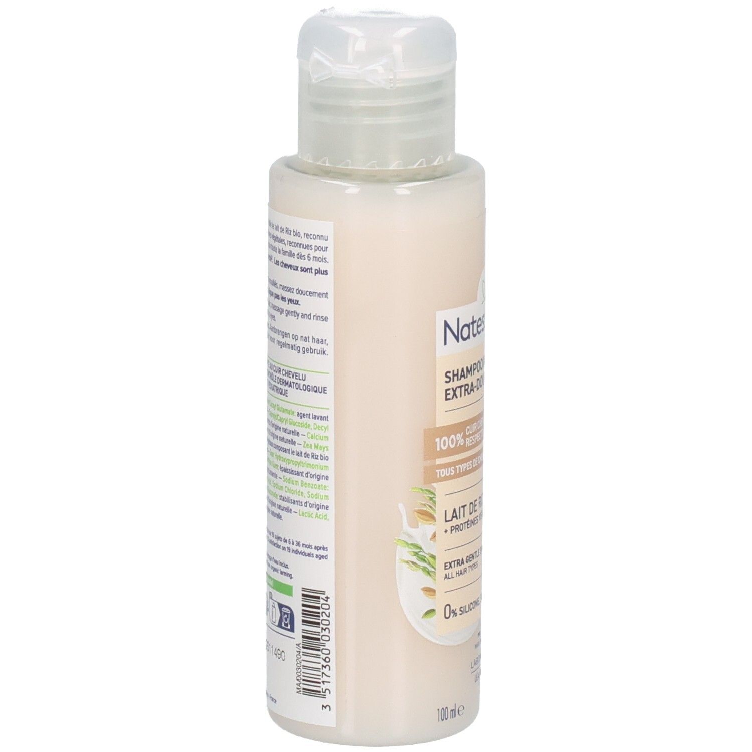 Natessance Shampoo Extra Doux : arrière du flacon avec ingrédients et certifications.