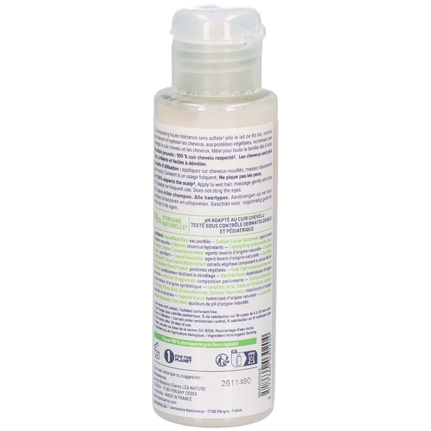 Natessance Shampoo Extra Doux : arrière du flacon avec instructions d'utilisation et ingrédients.