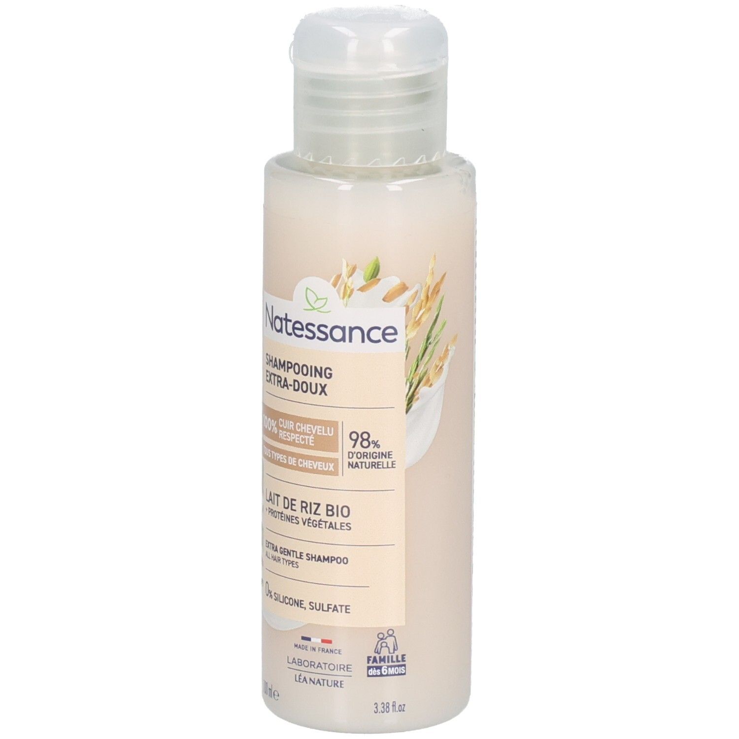 Natessance Shampoo Extra Doux : flacon contenant lait de riz et protéines végétales.