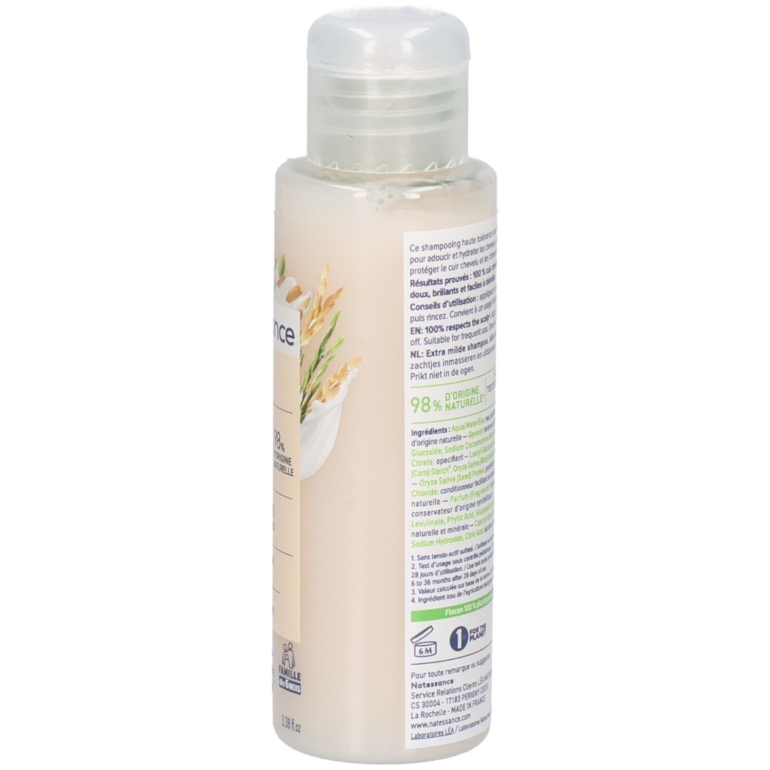 Natessance Shampoo Extra Doux : vue latérale du flacon avec informations produit.