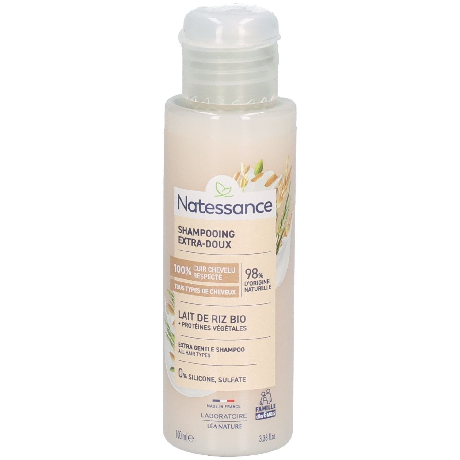 Natessance Shampoo Extra Doux : flacon contenant lait de riz et protéines végétales.