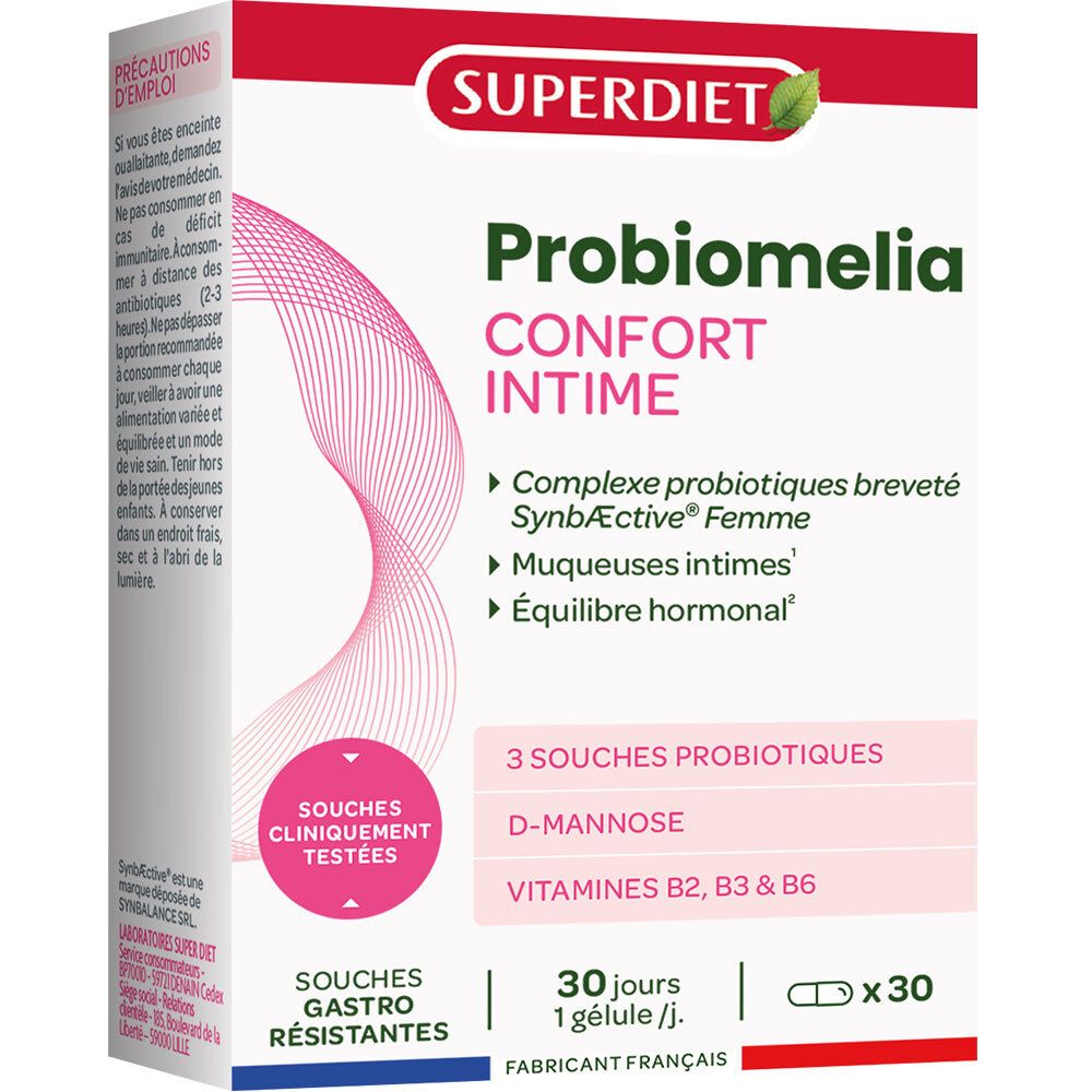 Emballage Superdiet Probiomelia Confort Intime, 30 gélules.