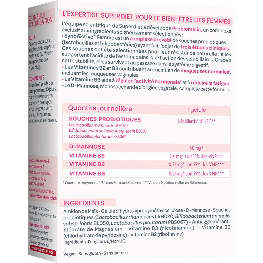 Arrière de l'emballage Superdiet Probiomelia avec ingrédients et dosage.