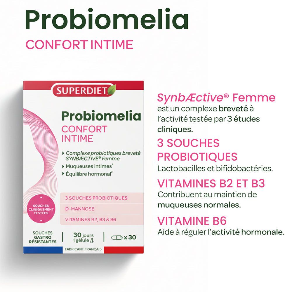 Face avant de l'emballage Superdiet Probiomelia avec informations produit.