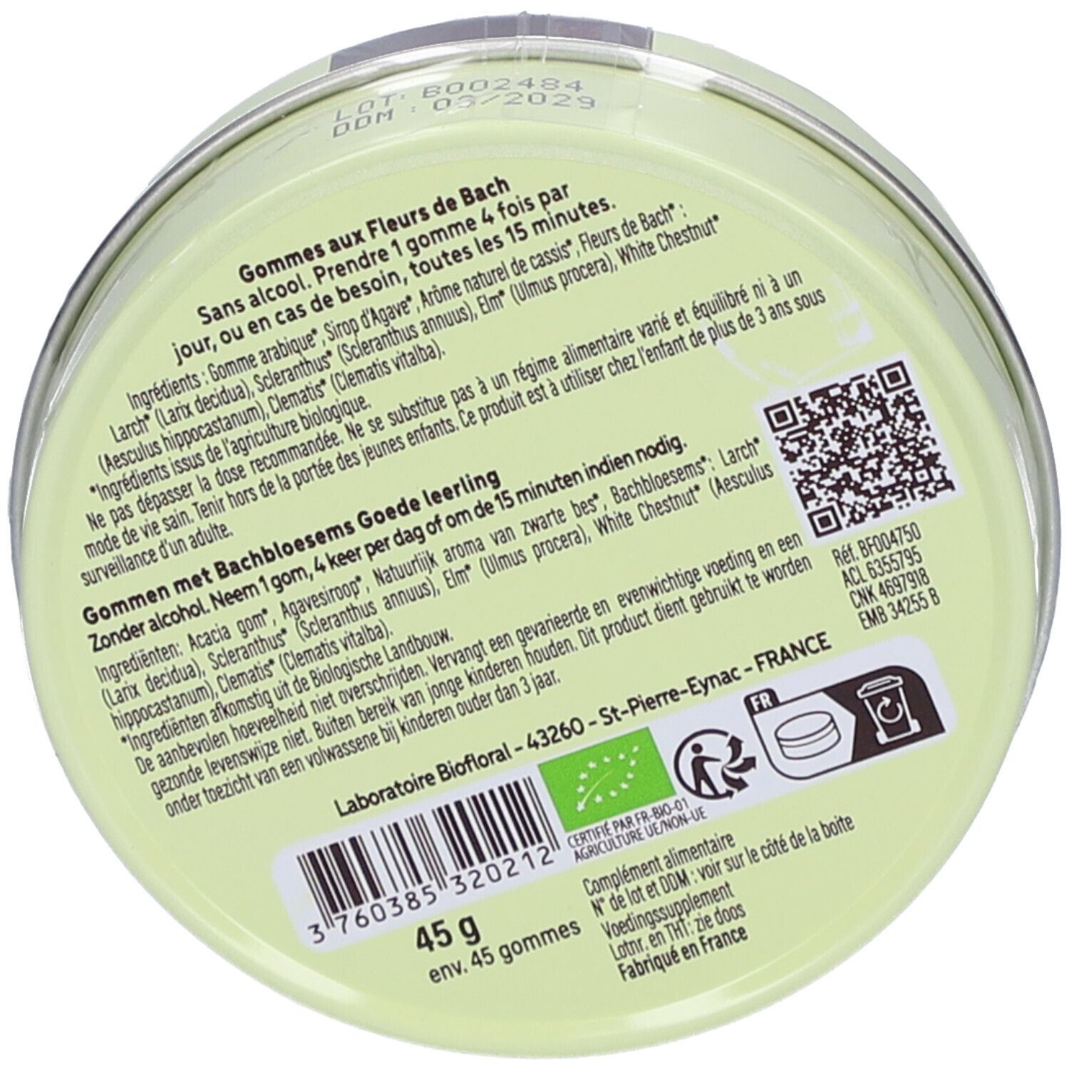 Dos de la boîte. Ingrédients et conseils d'utilisation. Label bio et QR code. 45g, environ 45 gommes.