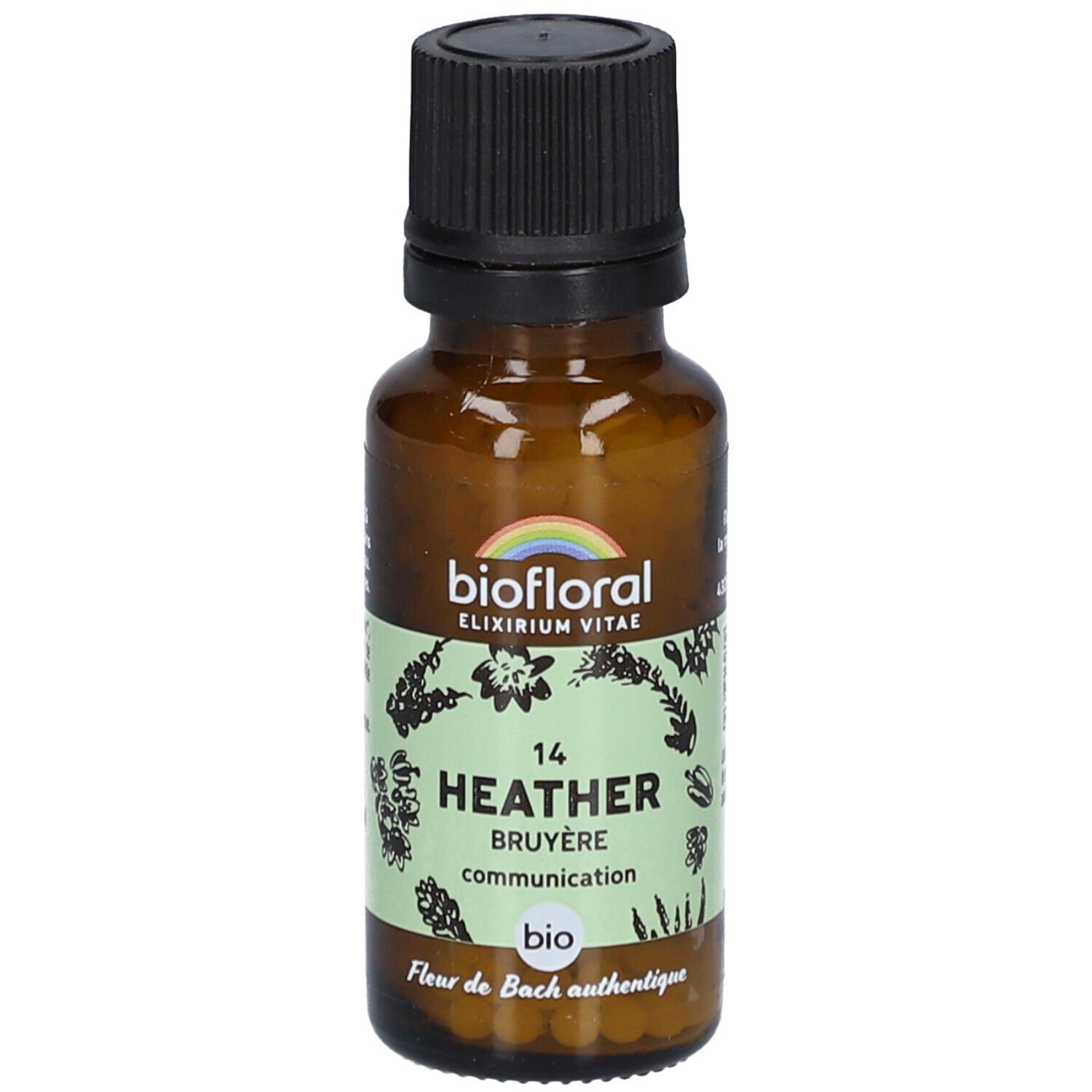 Flacon en verre brun avec bouchon noir. Étiquette "biofloral" et "Heather Bruyère". Certification bio.
