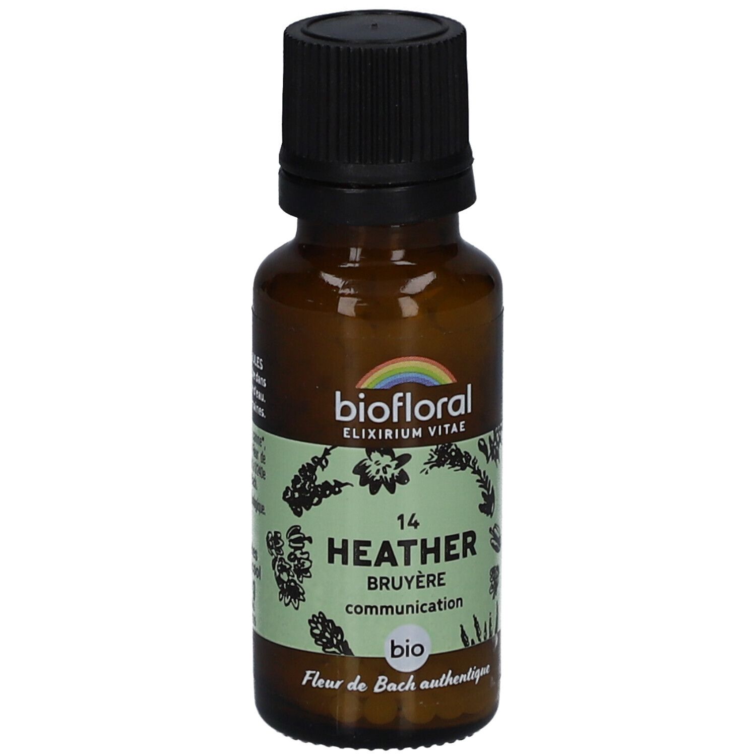 Flacon en verre brun avec bouchon noir. Étiquette "biofloral" et "Heather Bruyère". Certification bio.