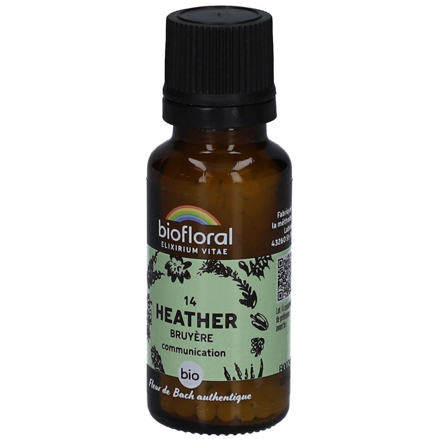 Flacon en verre brun avec bouchon noir. Étiquette "biofloral" et "Heather Bruyère". Certification bio.