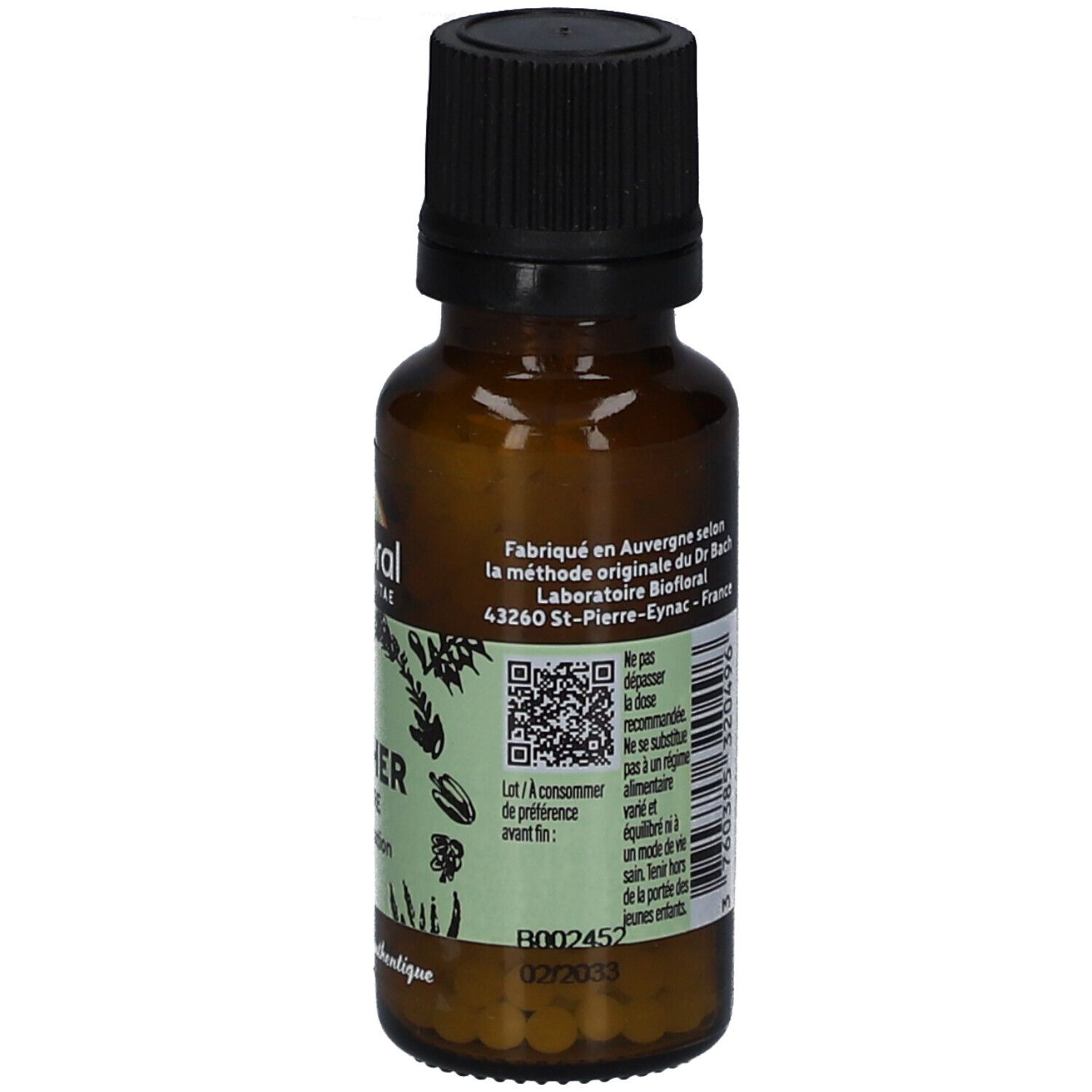 Flacon en verre brun avec bouchon noir. Étiquette avec texte, QR code et certification bio. Date de péremption.