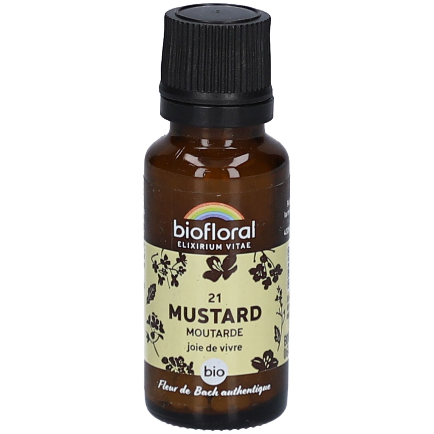 Flacon en verre brun avec bouchon noir. Étiquette "biofloral" et "21 MUSTARD".