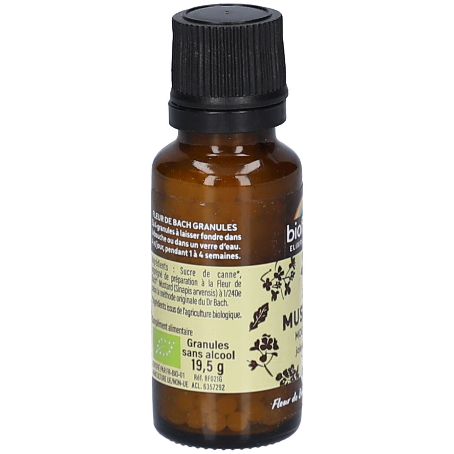 Flacon en verre brun avec bouchon noir. Étiquette avec ingrédients et "Granules sans alcool".