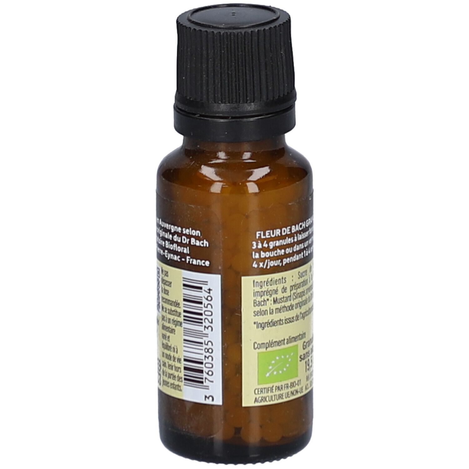 Flacon en verre brun avec bouchon noir. Étiquette avec informations d'utilisation et ingrédients.