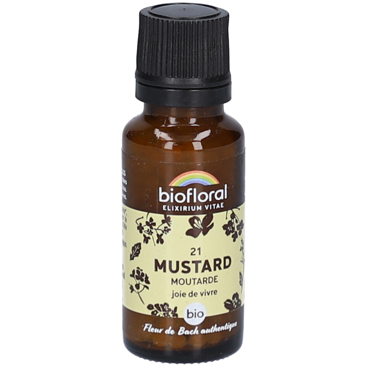 Flacon en verre brun avec bouchon noir. Étiquette "biofloral" et "21 MUSTARD".