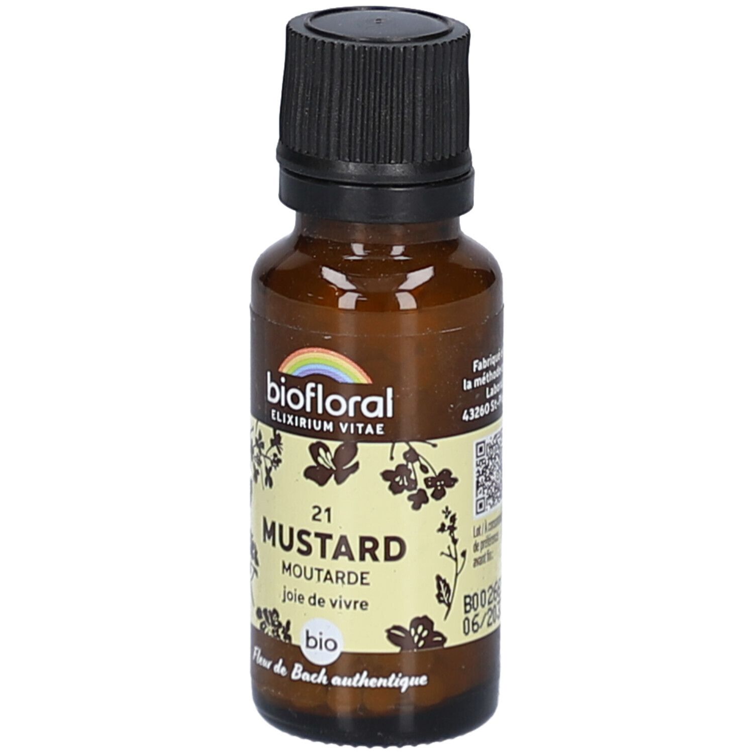 Flacon en verre brun avec bouchon noir. Étiquette "biofloral" et "21 MUSTARD". Code QR.