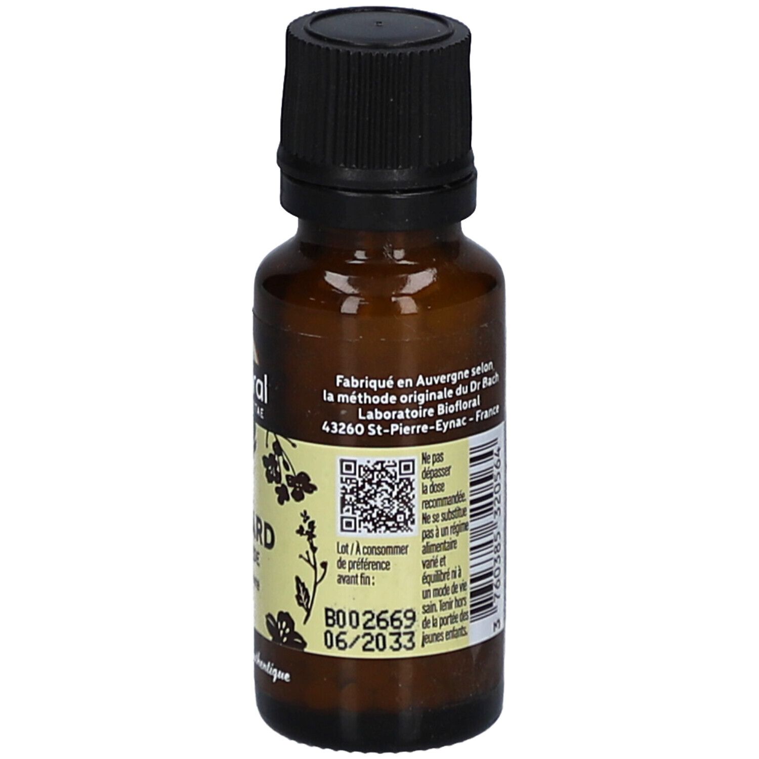 Flacon en verre brun avec bouchon noir. Étiquette avec code QR et date de péremption.