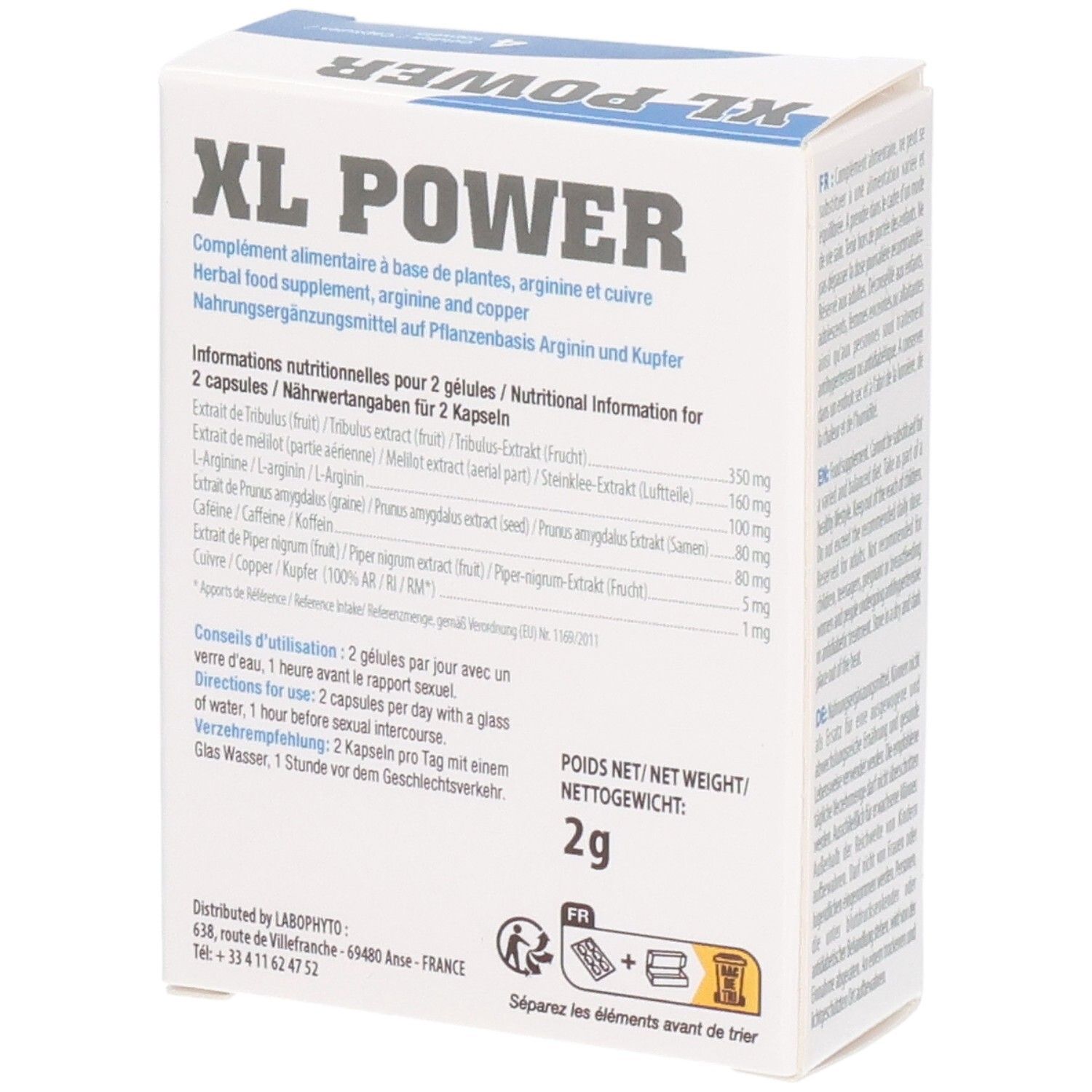 Dos de la boîte XL POWER. Ingrédients, posologie et poids net: 2g. Instructions d'utilisation.