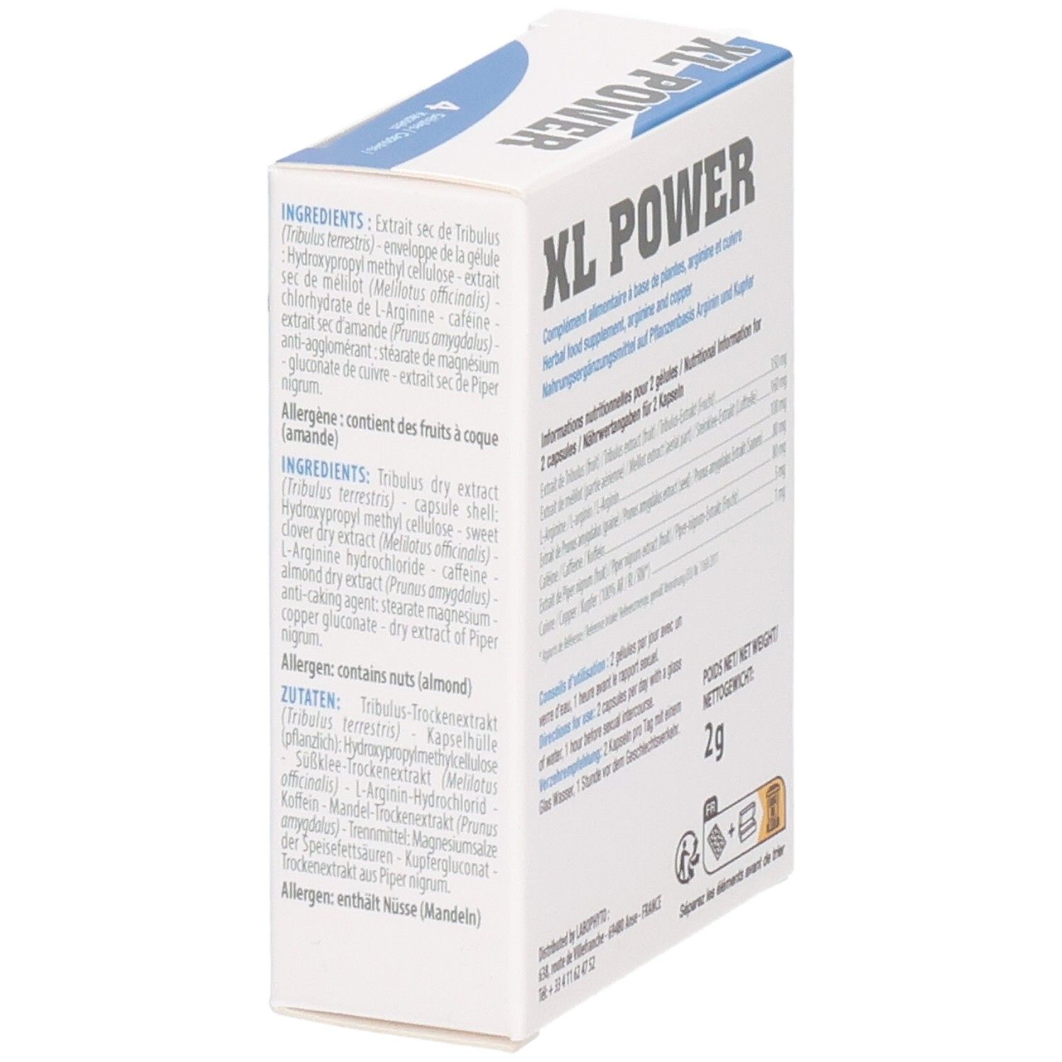 Boîte XL POWER, détail des ingrédients. Informations sur les allergènes. Poids net: 2g.