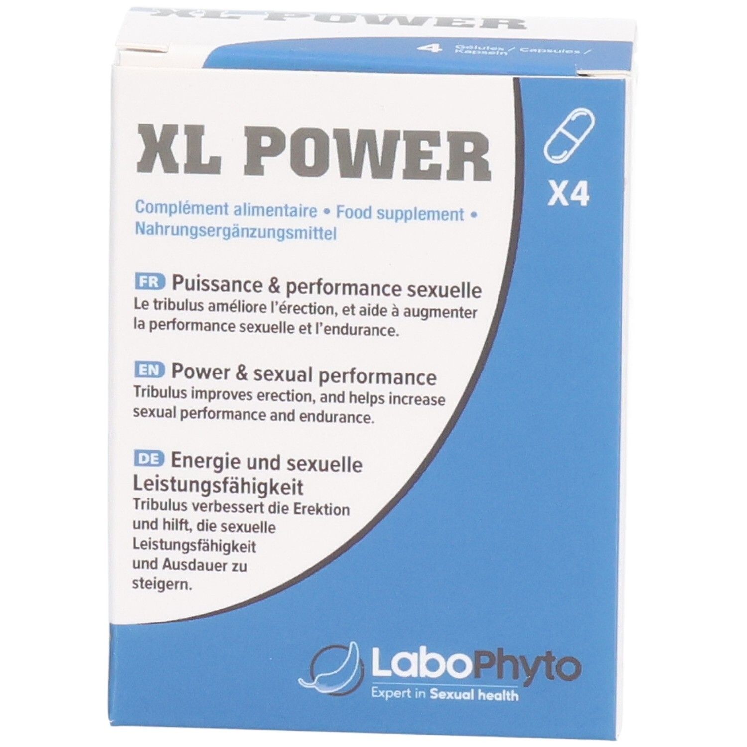 Boîte bleue et blanche XL POWER. Contient 4 capsules. Inscriptions en français et anglais. Logo Labophyto.