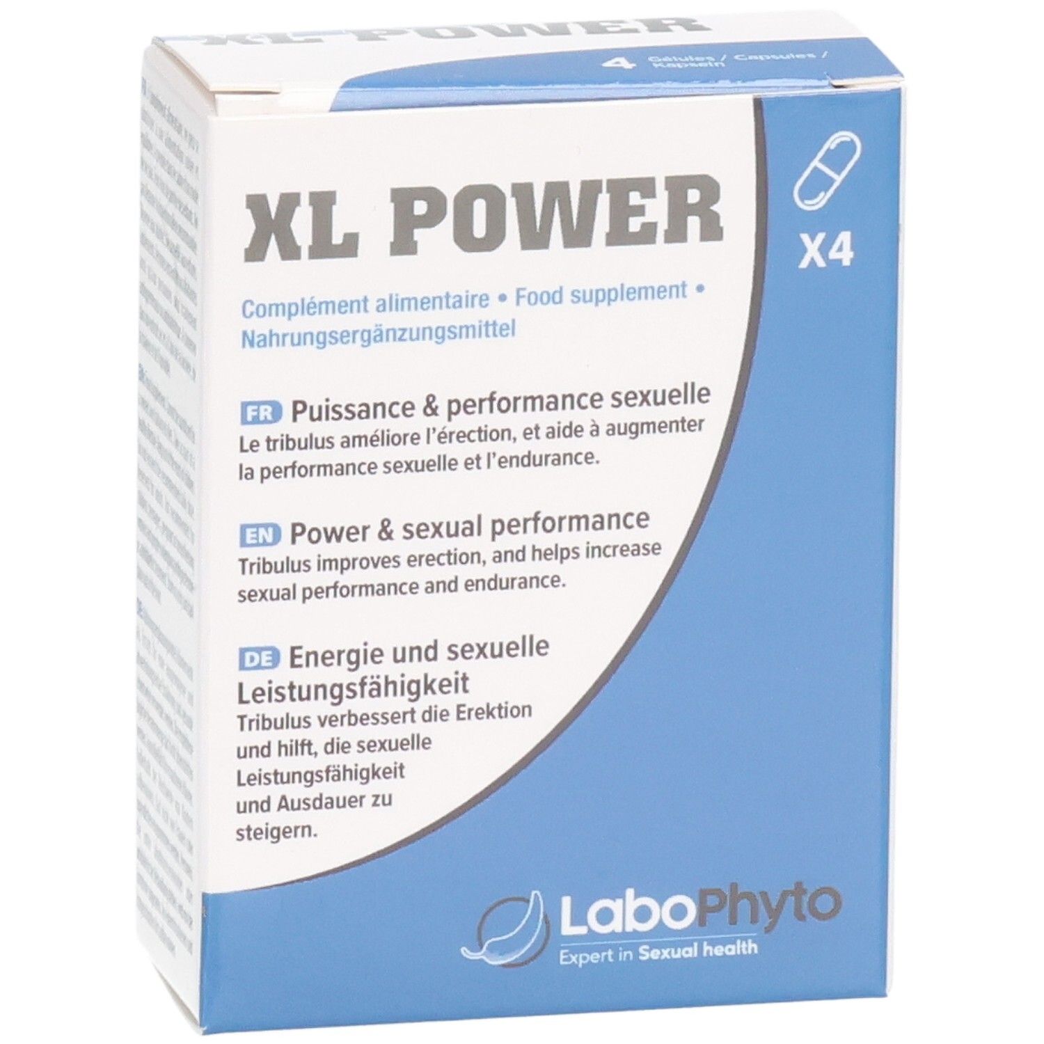 Boîte bleue et blanche XL POWER. Contient 4 capsules. Inscriptions en français et anglais. Logo Labophyto.