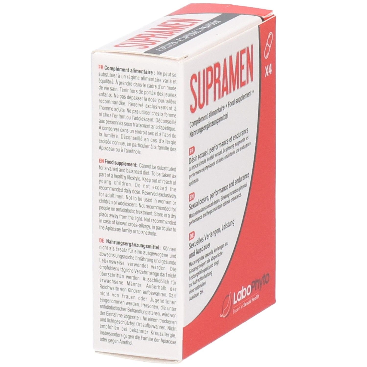 Boîte de gélules Supramen. Emballage rouge et blanc avec nom et logo du produit. Contient 4 gélules.