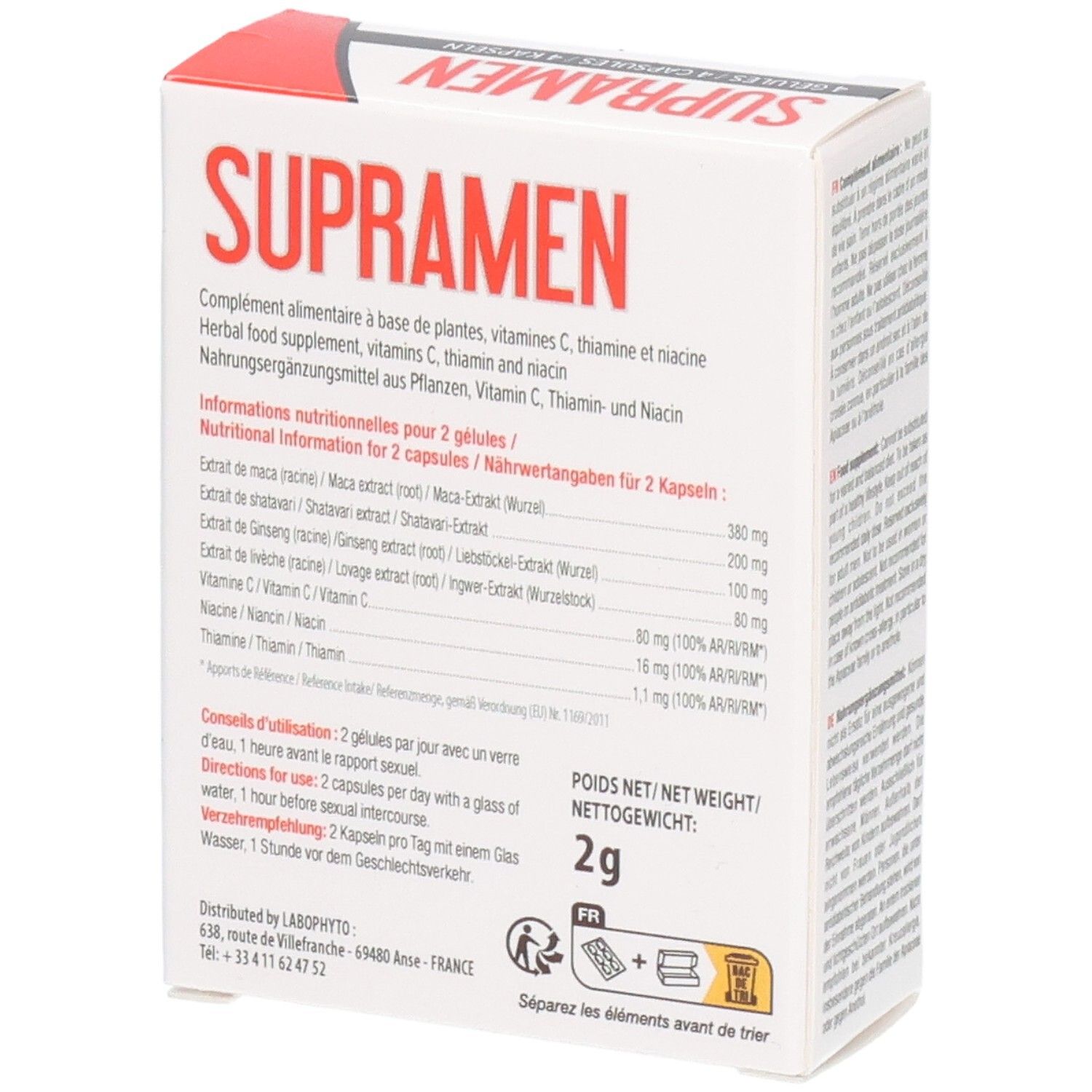 Boîte de gélules Supramen. Informations sur les ingrédients et la valeur nutritionnelle. Poids net: 2g.