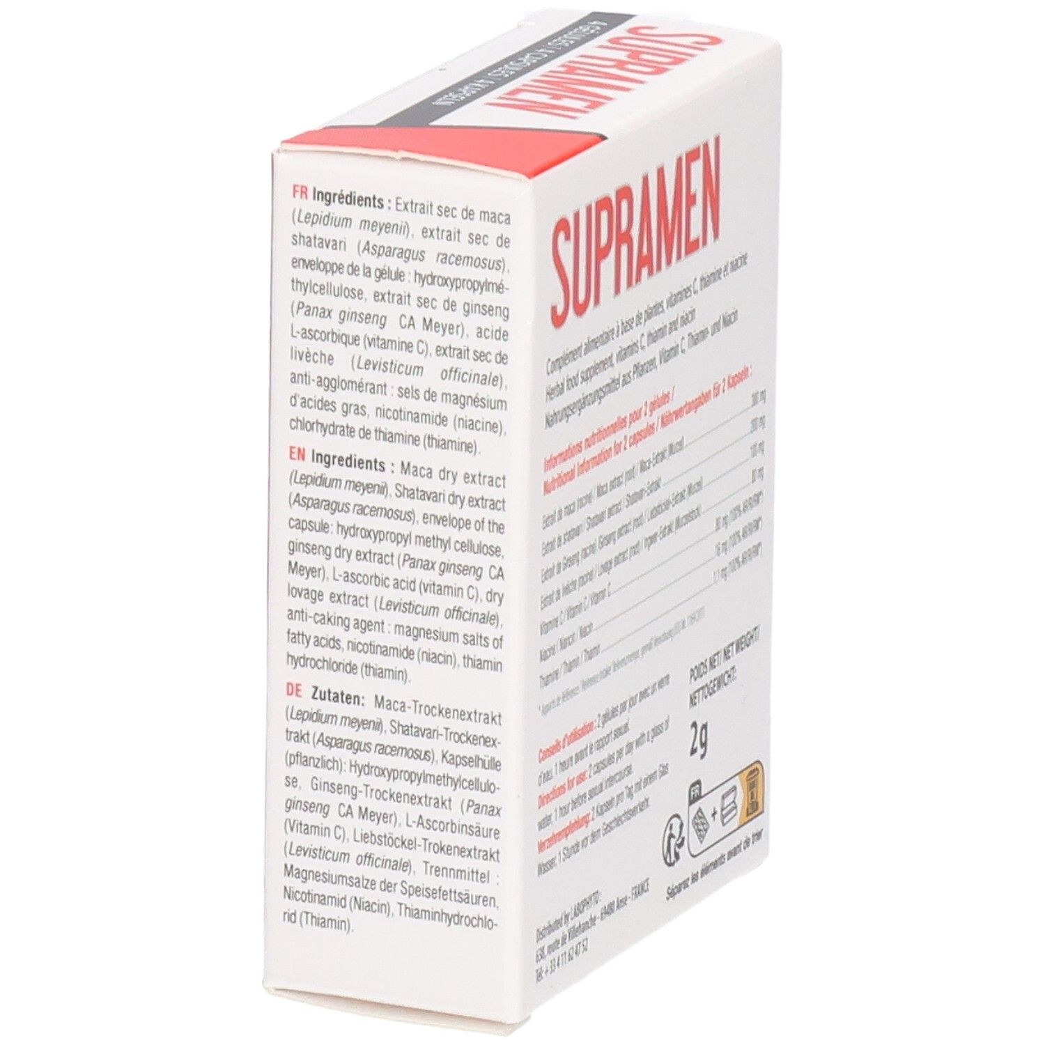 Boîte de gélules Supramen. Informations sur les ingrédients et la valeur nutritionnelle. Poids net: 2g.