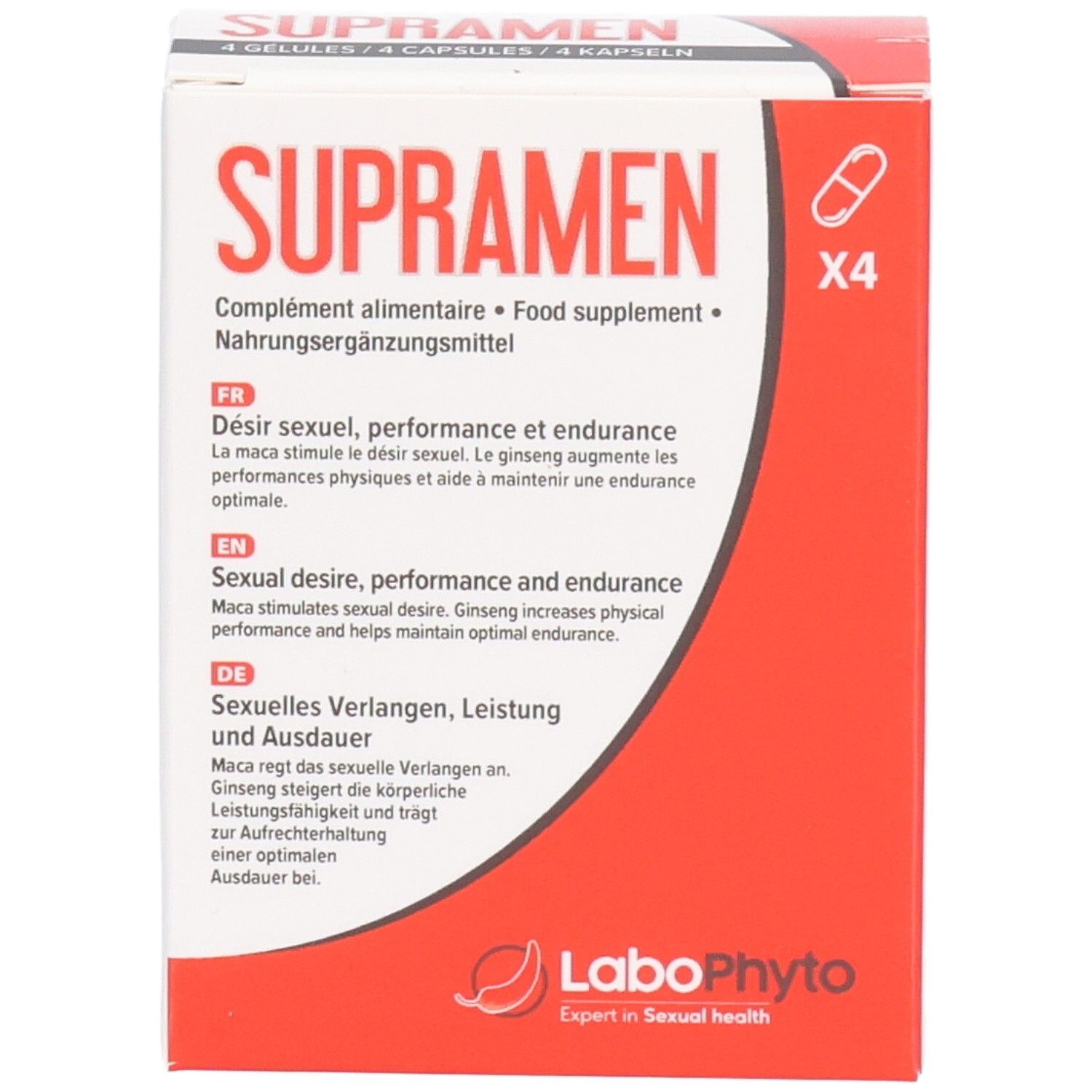 Boîte de gélules Supramen. Emballage rouge et blanc avec nom et logo du produit. Contient 4 gélules.