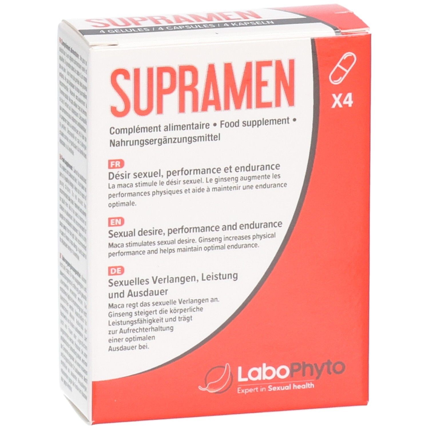 Boîte de gélules Supramen. Emballage rouge et blanc avec nom et logo du produit. Contient 4 gélules.