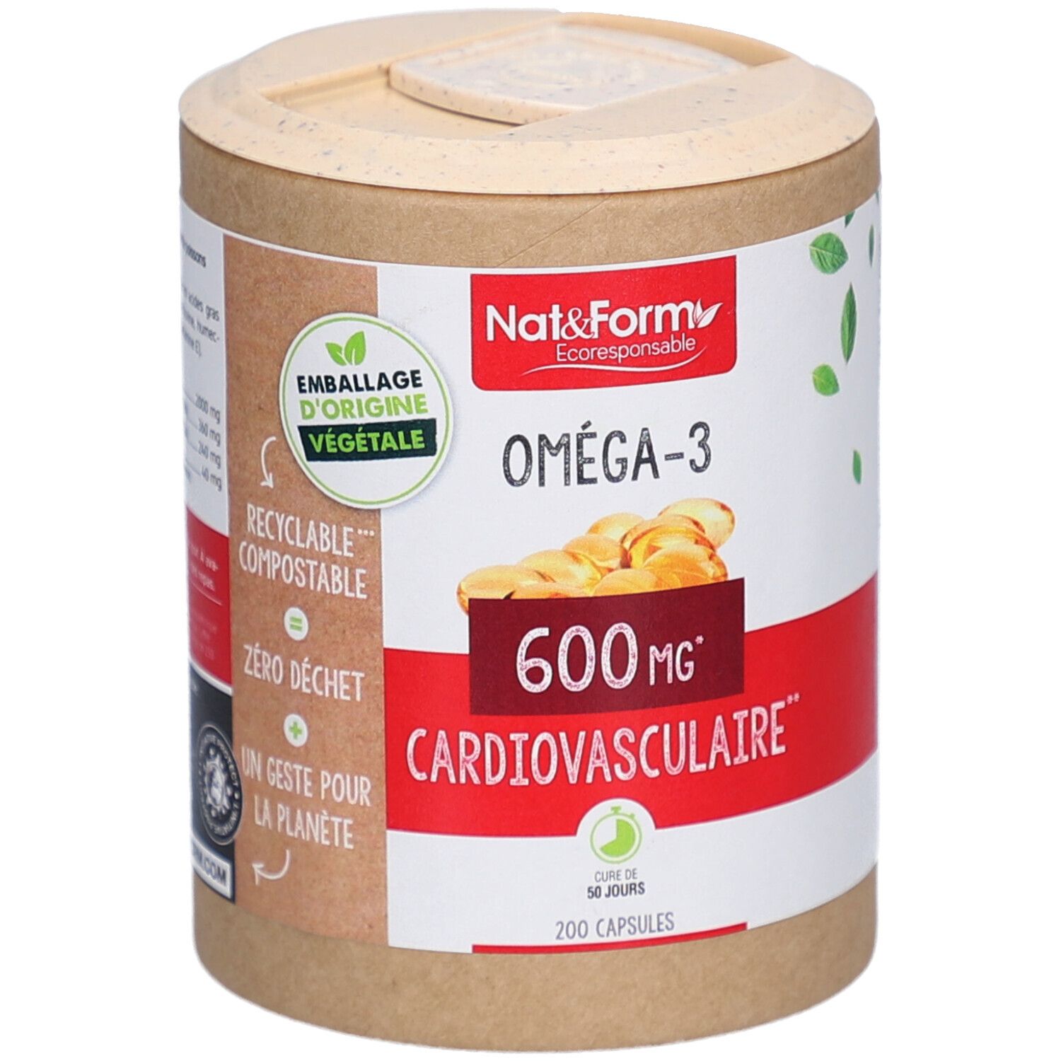 Boîte cylindrique avec couvercle. Inscription Oméga-3, 600 mg, Cardiovasculaire. Emballage végétal, recyclable.