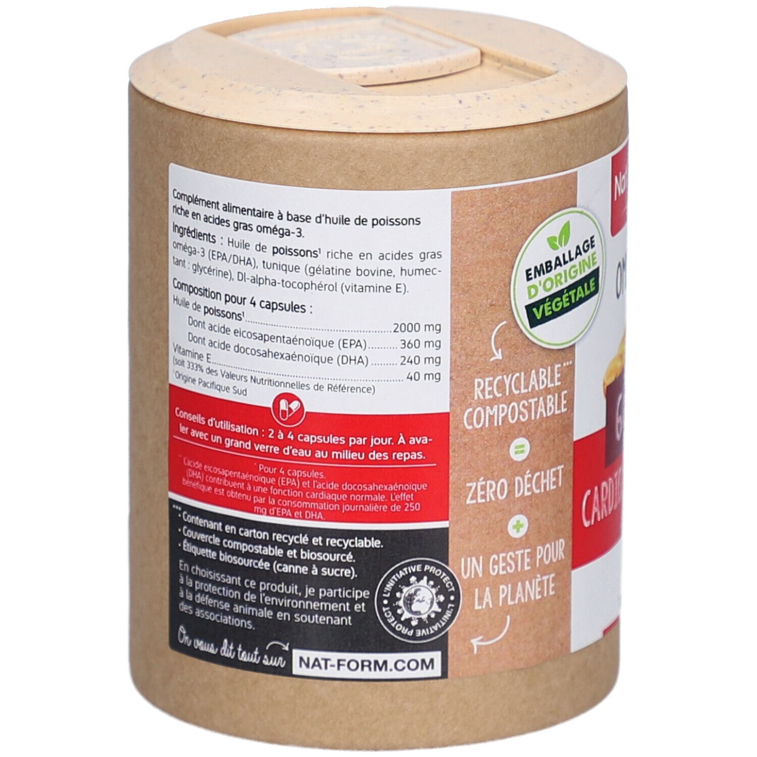 Dos de la boîte. Contient des informations sur les ingrédients et l'utilisation. Emballage végétal, recyclable.