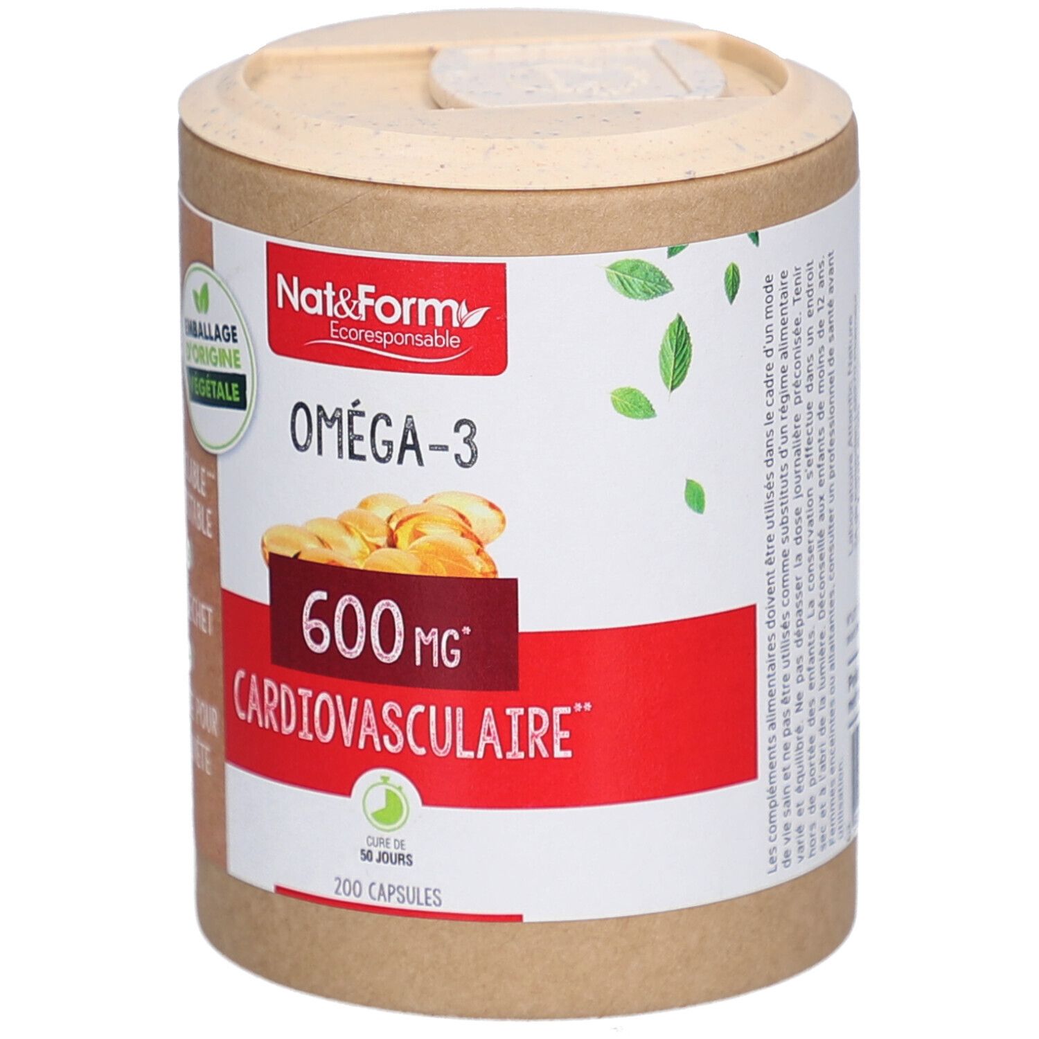 Boîte cylindrique avec couvercle. Inscription Oméga-3, 600 mg, Cardiovasculaire. Emballage végétal, recyclable.