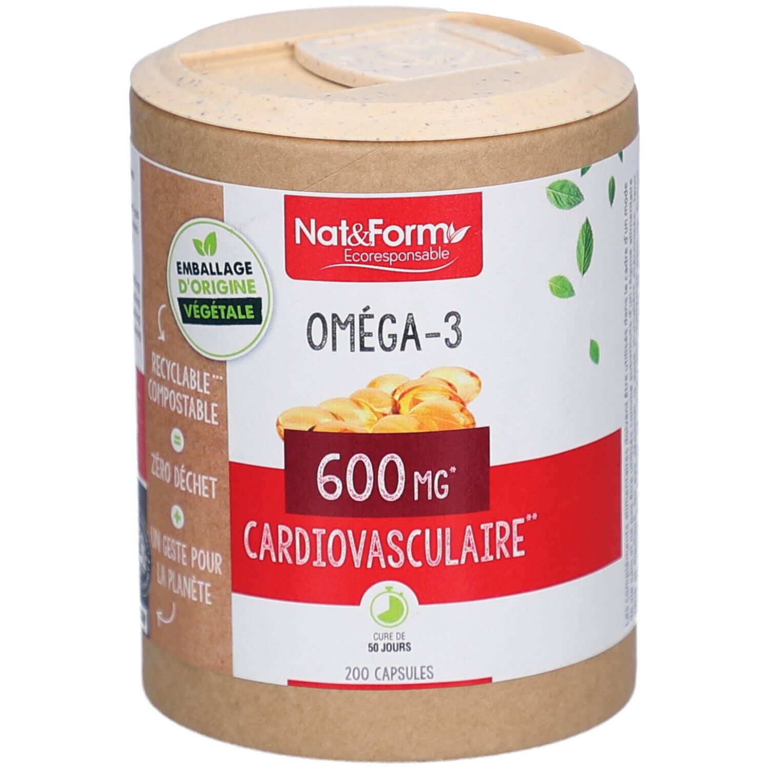 Boîte cylindrique avec couvercle. Inscription Oméga-3, 600 mg, Cardiovasculaire. Emballage végétal, recyclable.