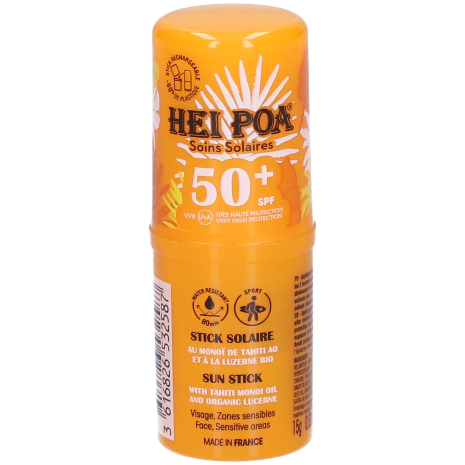 Stick solaire jaune. Inscriptions blanches et éléments floraux. SPF 50+. Résistant à l'eau, sport et peaux sensibles.