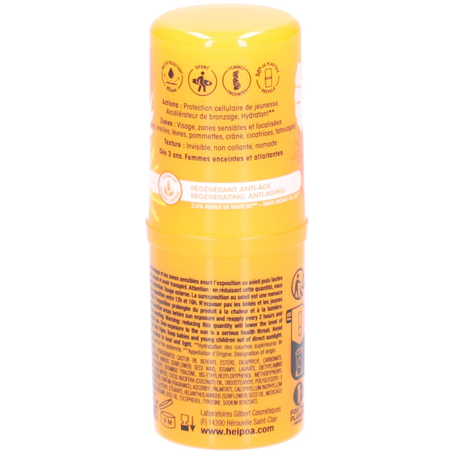 Stick solaire jaune avec texte. Informations sur les ingrédients et l'utilisation. Propriétés anti-âge.