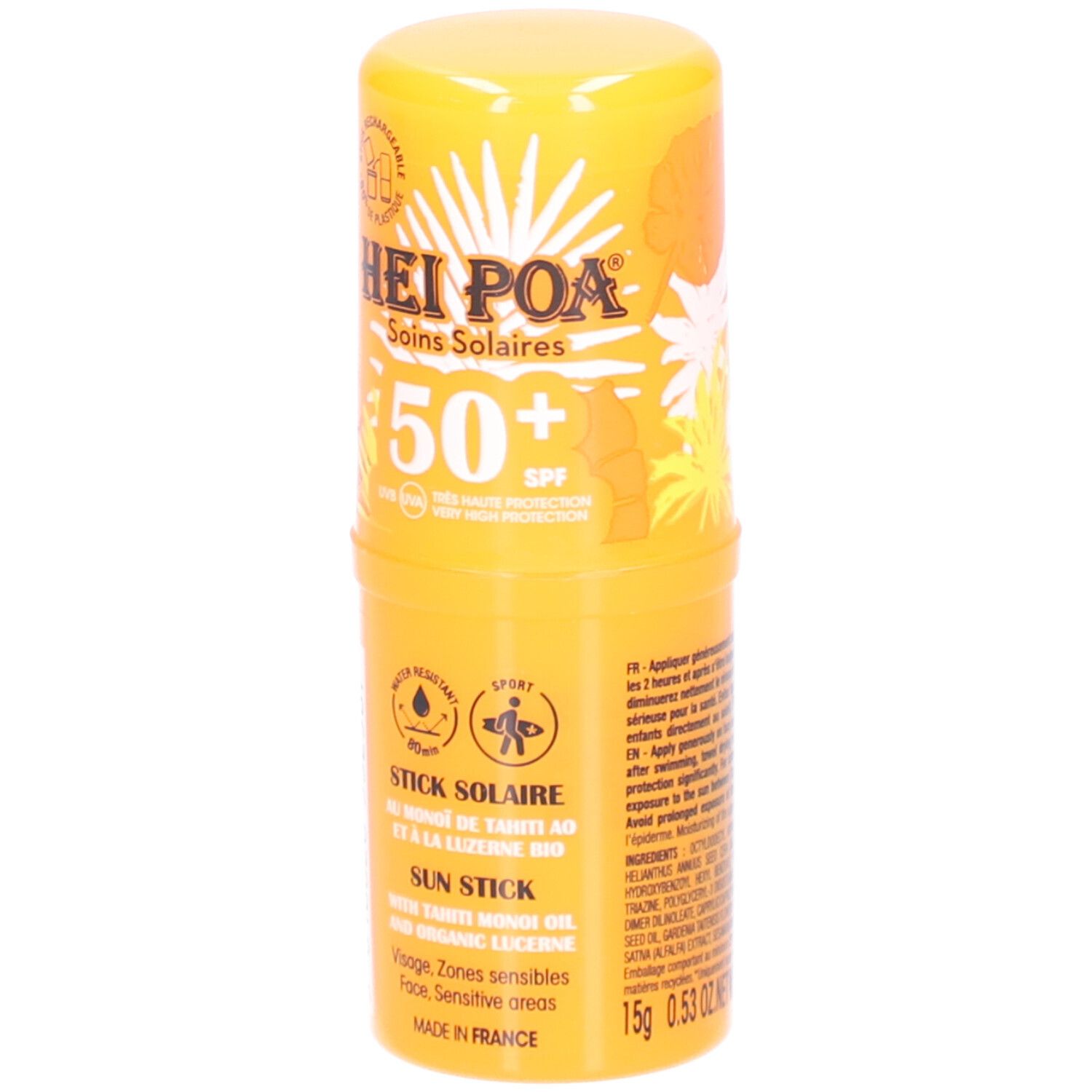 Stick solaire jaune avec texte blanc et éléments floraux. SPF 50+. 15g. Fabriqué en France.