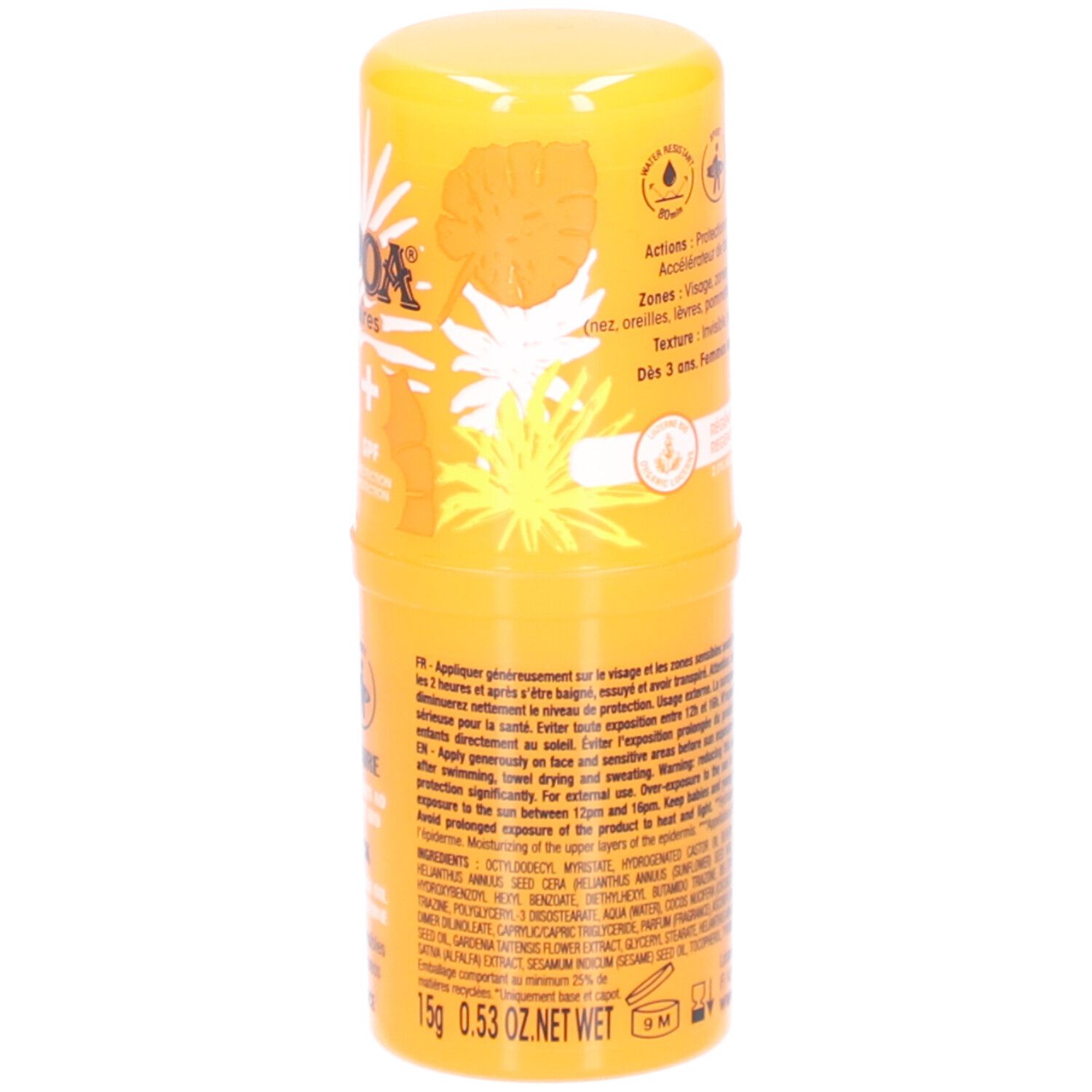 Stick solaire jaune avec texte. Informations sur les ingrédients et l'utilisation. 15g. 0.53 oz NET WT.