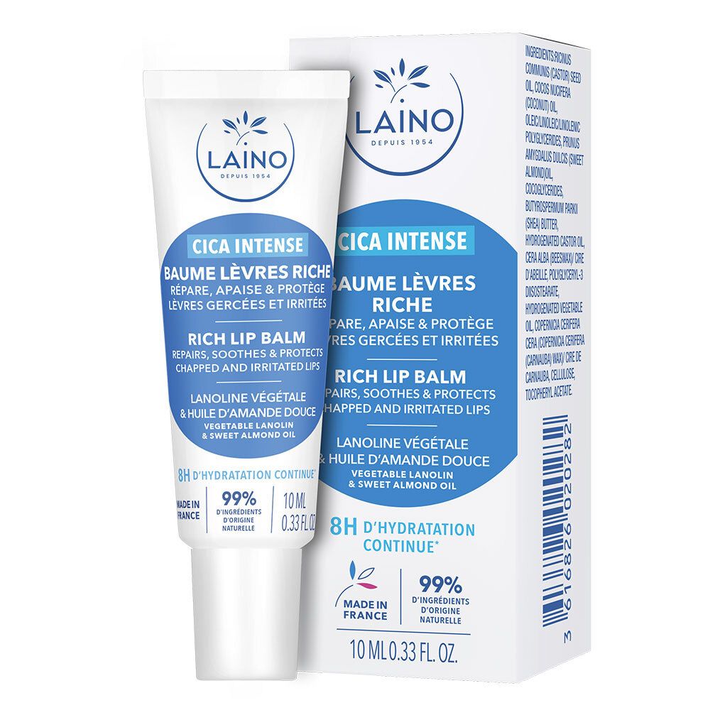 Laino Baume lèvres Cica Intense. Tube et boîte. Répare, apaise et protège. 10 ml. 99% ingrédients d'origine naturelle.