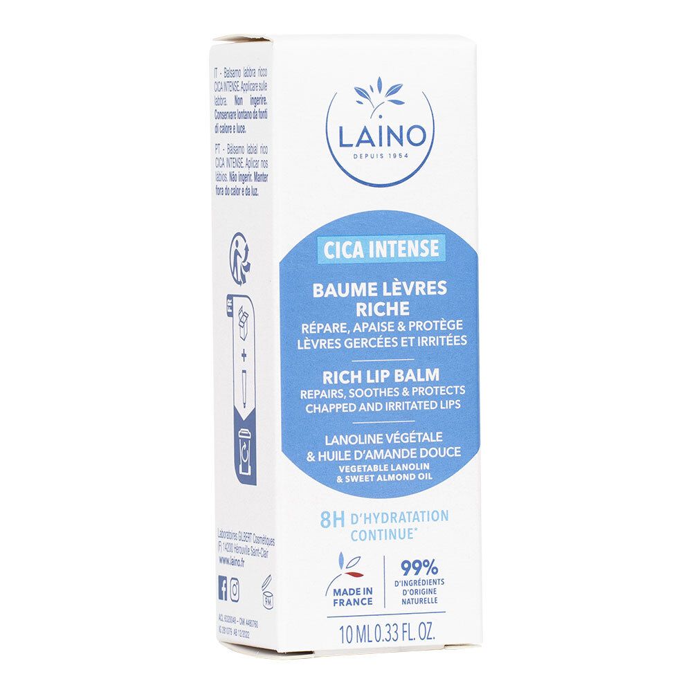 Laino Baume lèvres Cica Intense. Boîte blanche avec informations produit. Répare, apaise et protège.