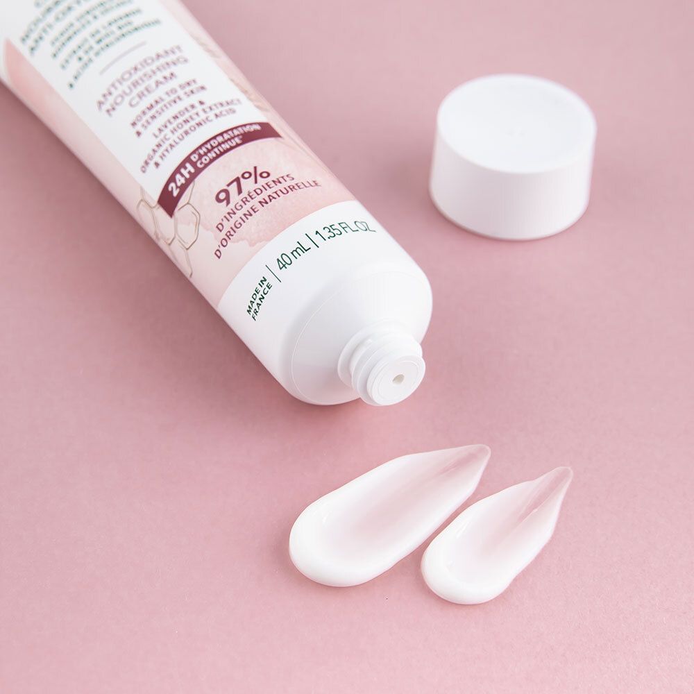 Tube de crème LAINO et goutte de crème. Crème nourrissante anti-oxydante. 40 ml. Pour peaux normales à sèches.