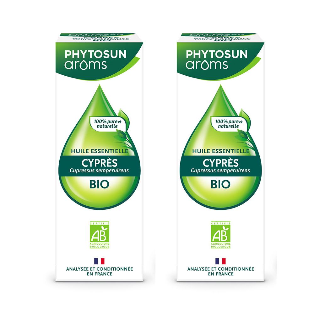 Deux boîtes blanches avec étiquettes vertes. Inscription: PHYTOSUN arôms, Huile Essentielle Cyprès, BIO. Label AB. Analysée et conditionnée en France.