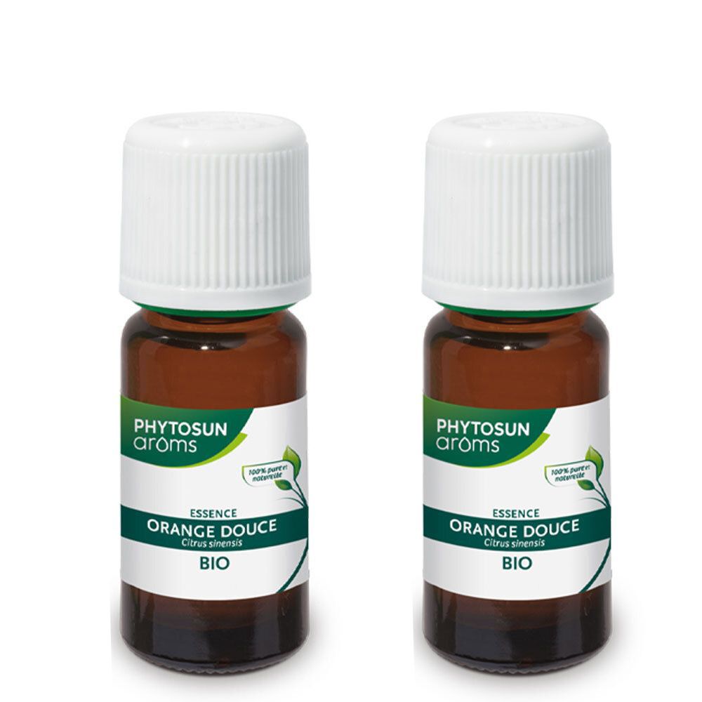 Deux flacons en verre brun avec bouchons blancs. Étiquettes avec texte : PHYTOSUN arôms, Orange Douce, Bio. Huiles essentielles 100% pures.