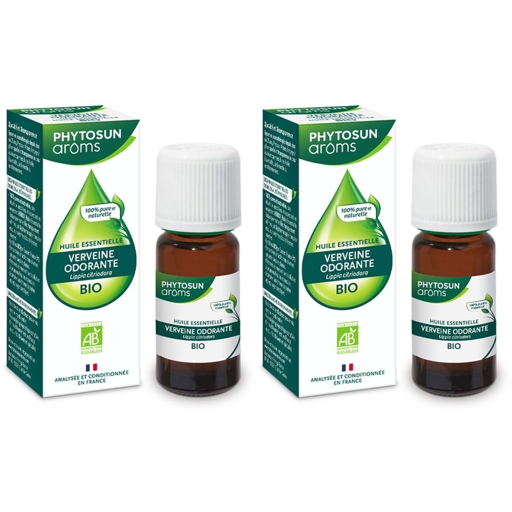 Deux flacons et emballages. Inscription: PHYTOSUN arôms, Huile Essentielle Verveine Odorante BIO. Certification AB.