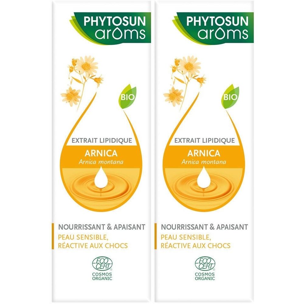 Deux flacons avec étiquettes. Inscription: PHYTOSUN arôms, Arnica, BIO, COSMOS ORGANIC. Texte: Nourrissant & Apaisant, Peau sensible, réactive aux chocs.