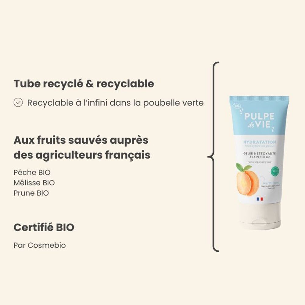 Tube de gel nettoyant visage bleu clair. Texte: 'Tube recyclé & recyclable'. Certifié BIO. Drapeau français.