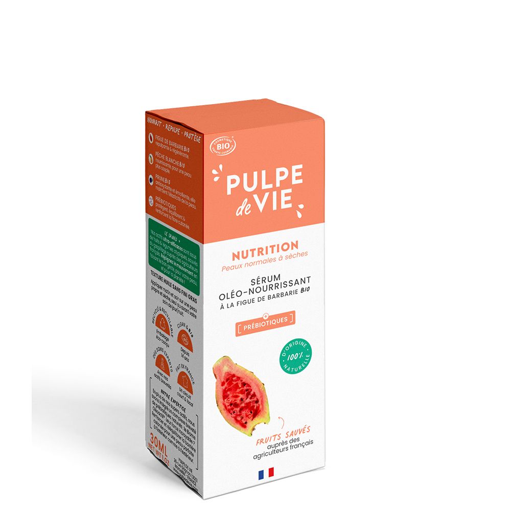 Emballage carton. Inscription: PULPE DE VIE, Nutrition, Sérum oléo-nourrissant à la figue de barbarie BIO. Avec prébiotiques. Pour peaux normales à mixtes.