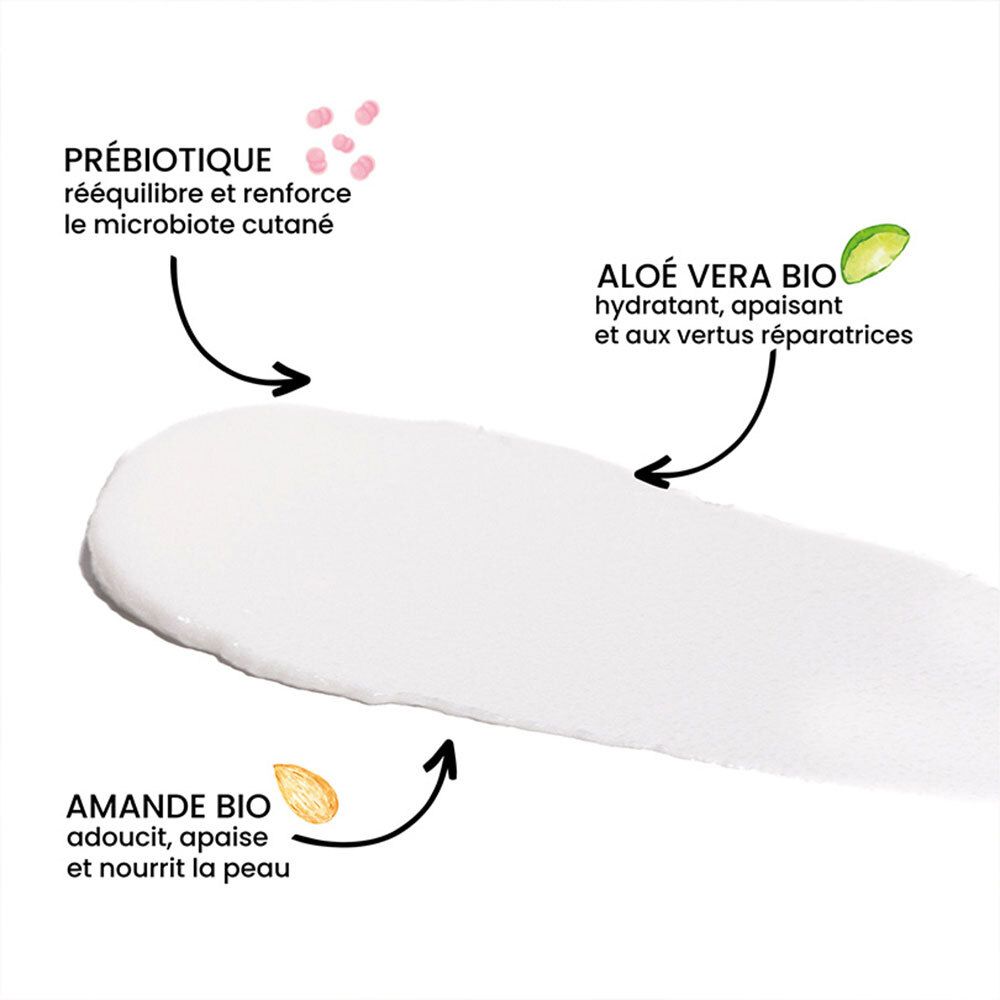Tache de crème blanche avec illustrations. Flèches pointent vers: Prébiotique, Aloe Vera BIO, Amande BIO. Texte en français.