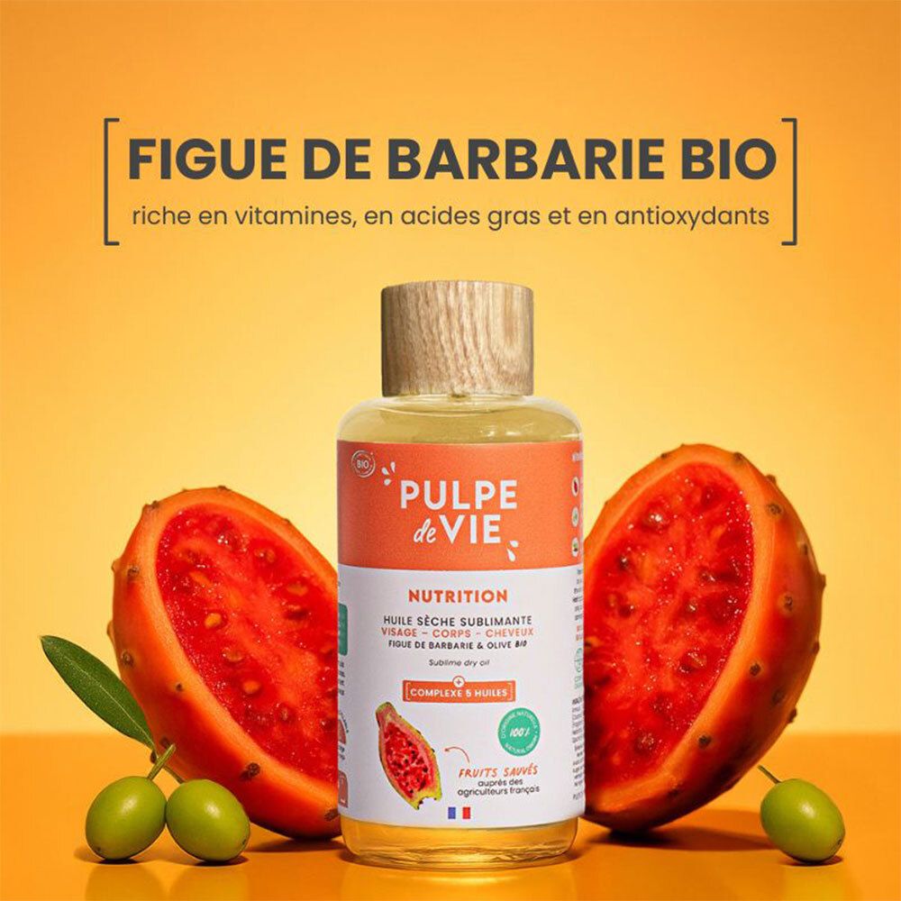 Flacon de produit avec bouchon en bois. Inscription: PULPE de VIE. Figues et olives à côté du flacon. Texte: Riche en vitamines, acides gras.
