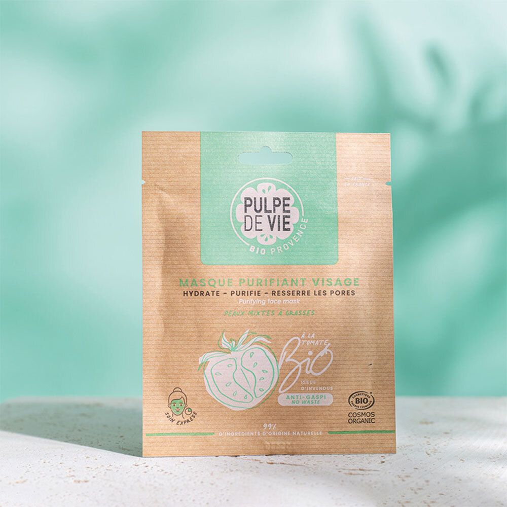 Sachet de masque visage. Inscription: PULPE DE VIE, Masque purifiant Visage. Certification Bio. Fond brun clair, touches de vert.